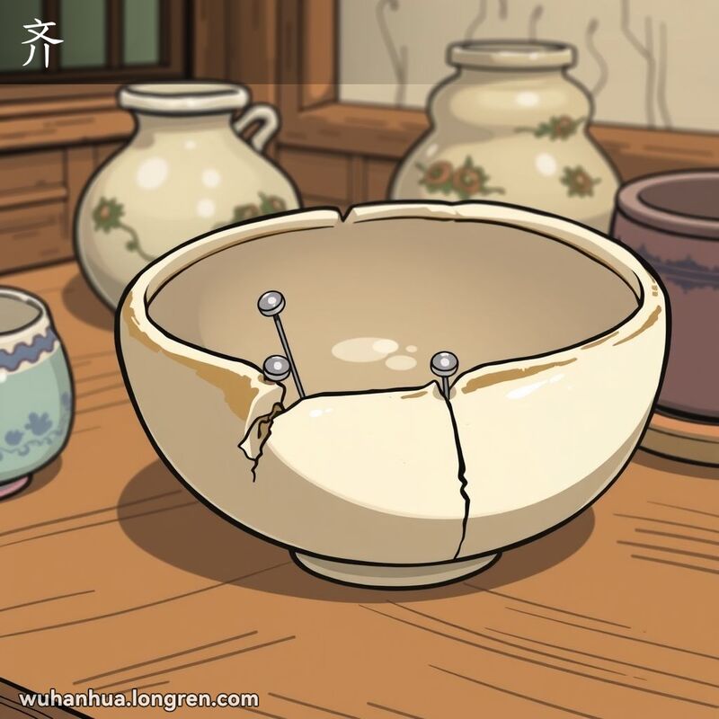 一只修复过的武汉陶瓷碗，用两个小金属钉（齐）连接，背景有其他传统陶瓷器物