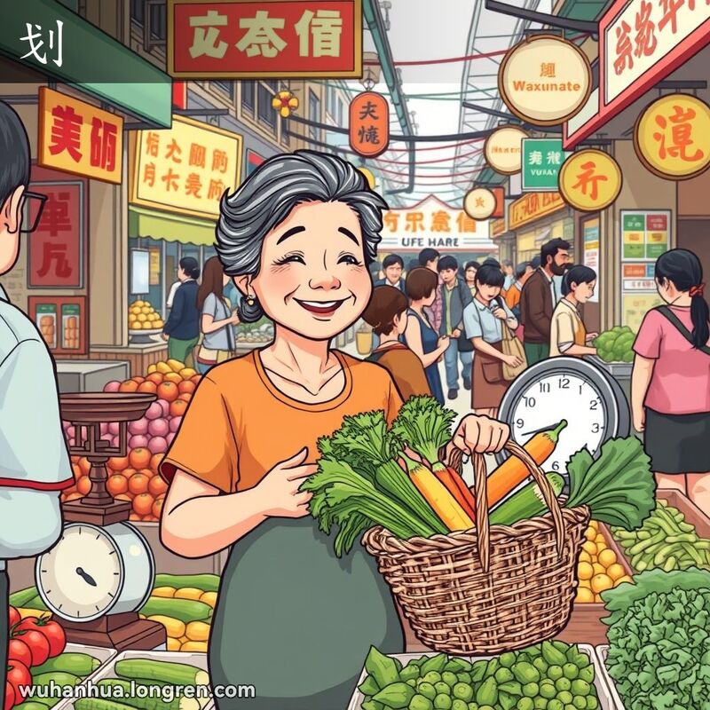一位中年妇女在武汉集市上购买蔬菜，脸上露出满意的笑容，表明她觉得这笔交易很划算，背景是热闹的集市。