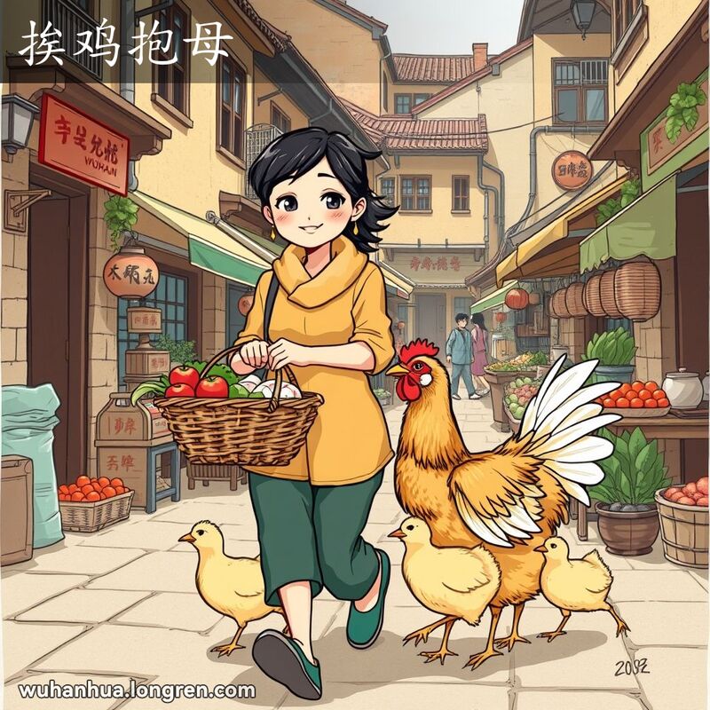 一位年轻女子走在武汉街道上，手提蔬菜篮，背景中母鸡带着小鸡紧随其后，象征接近和亲密。