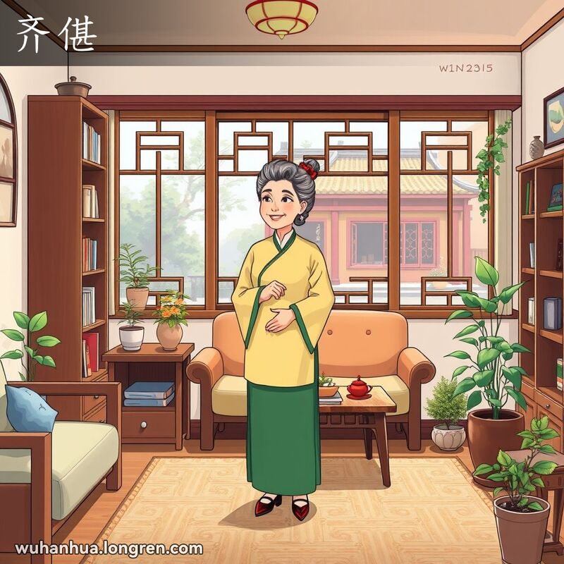 一位中年武汉妇女站在整洁的客厅中，客厅内有传统中式家具和装饰，妇女满意地环顾四周，展现了“齐偡”的整齐感。