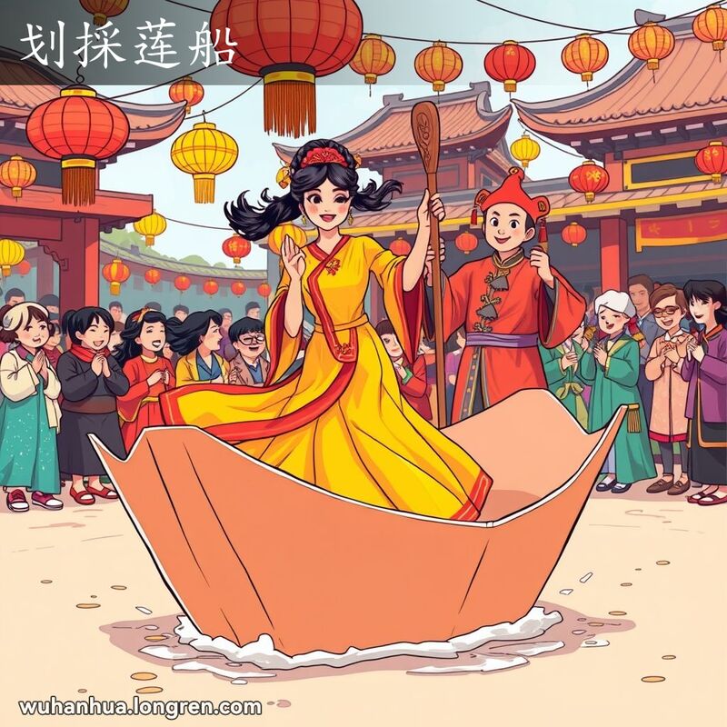 一位身穿传统服饰的女子在无底船中摇摆，背景中有艄公划船和唱歌，热闹的节庆场景