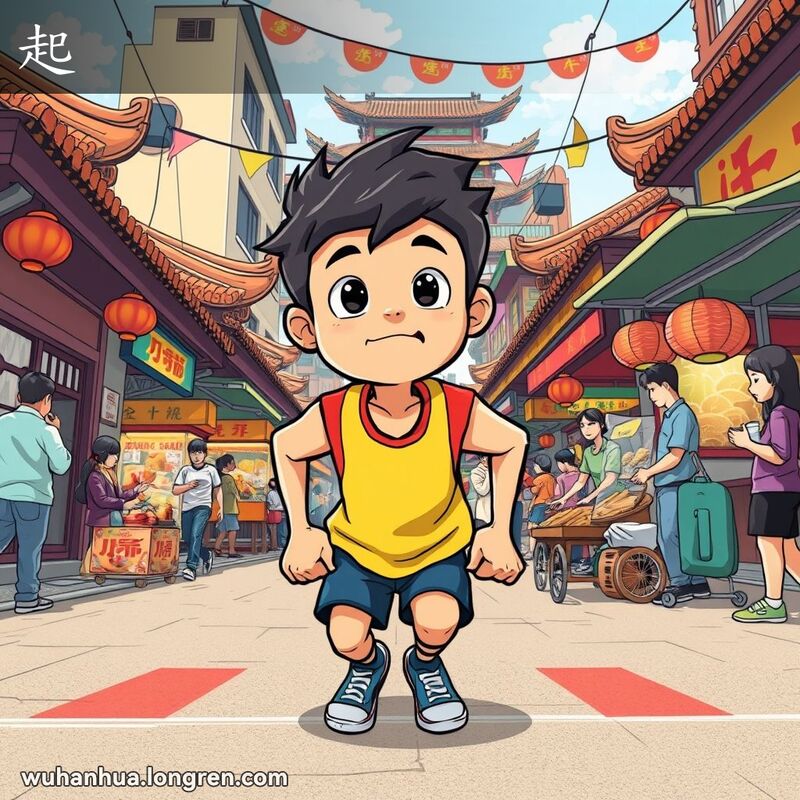 一位年轻人站在武汉街头赛跑的起点，背景是热闹的市场和传统建筑