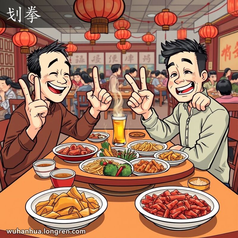 两位朋友在武汉宴席上进行划拳游戏，一人胜利微笑，另一人准备喝酒作为惩罚，背景是热闹的餐馆。