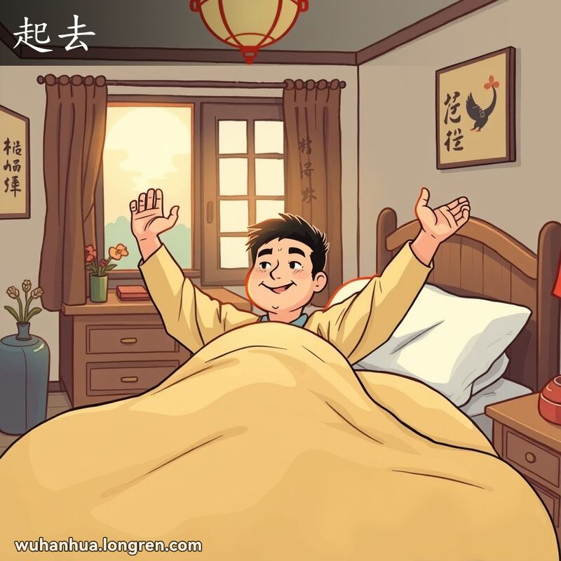 一个人在床上伸展双臂，准备从床上起来，背景是温馨的卧室
