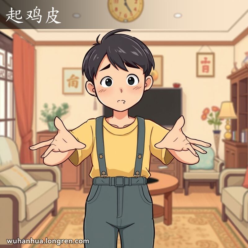 一位武汉市民在客厅中打寒战，手臂上布满鸡皮疙瘩，背景是温馨的家庭氛围