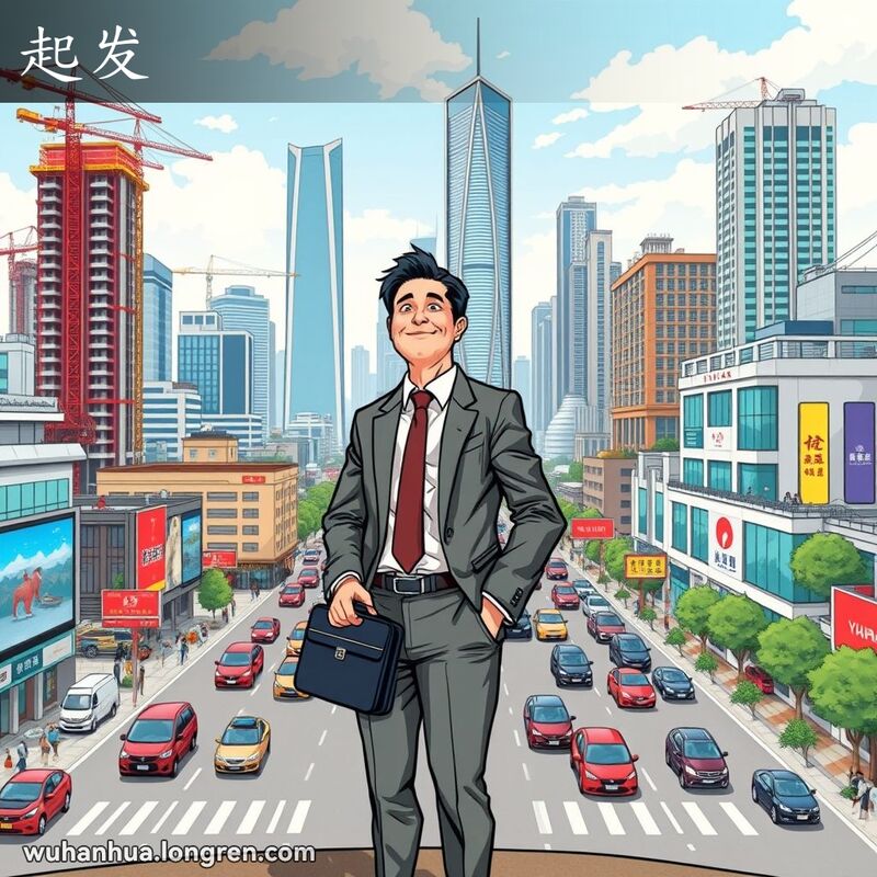 一位商务男子自信地站在繁忙的城市街道前，背景是高楼和施工现场，象征着经济成功和发展。