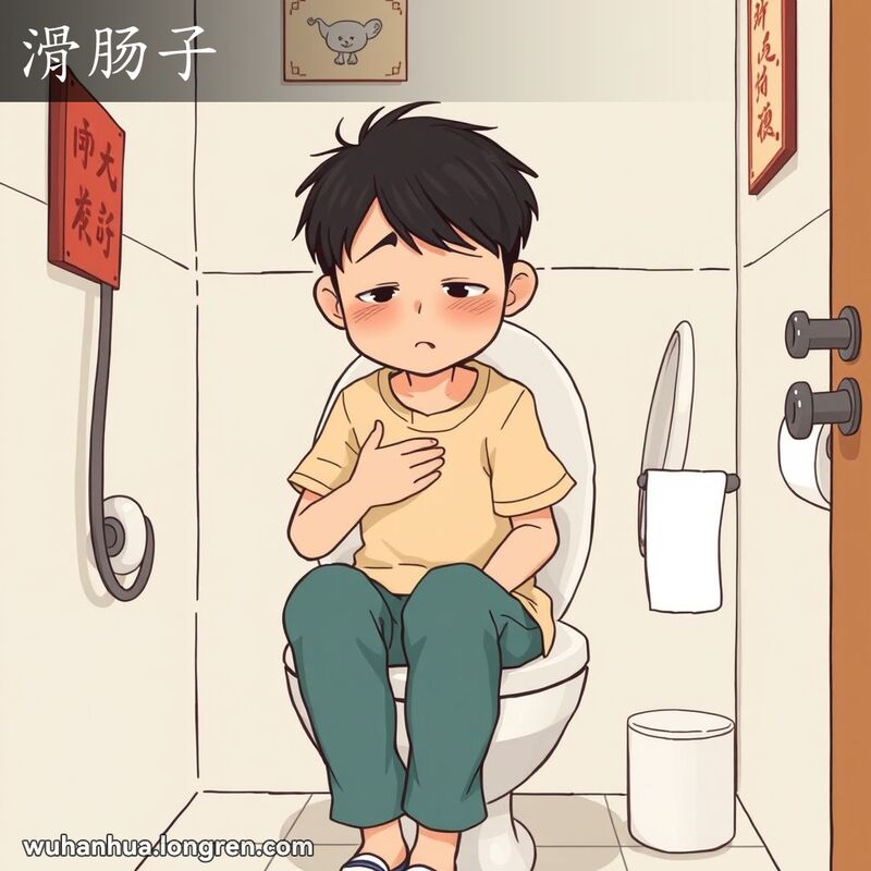 一位武汉市民在厕所里坐着，表情痛苦，一只手捂着肚子，另一只手伸向卫生纸，背景是简洁干净的厕所