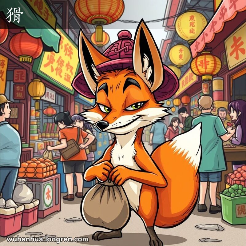 一只狡猾的狐狸在武汉市场中偷东西，背景是热闹的市场摊位和人群