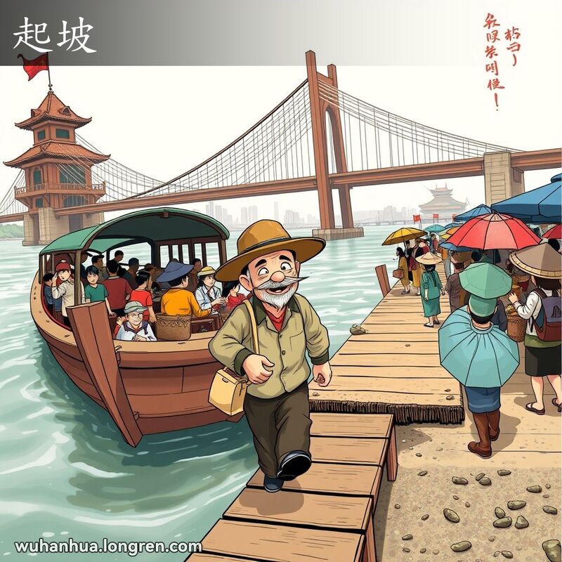 武汉码头，乘客从船上下岸，背景是长江大桥和忙碌的人群