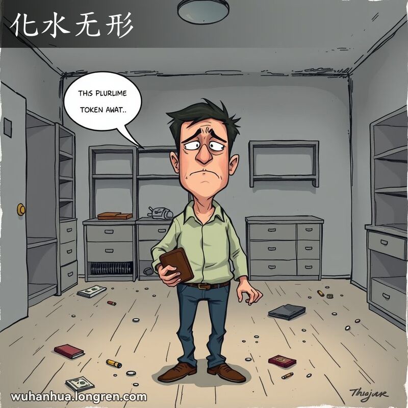 一位男子站在空荡荡的房间里，手持空钱包，脸上露出失落和困惑的表情，背景是杂乱的房间，空空的架子和抽屉