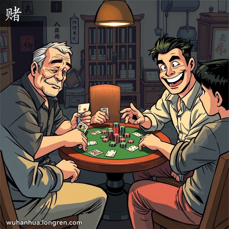 一群朋友围坐在桌旁玩扑克牌，一位中年男子面露担忧，另一位年轻男子自信满满地推筹码，背景是武汉居民环境
