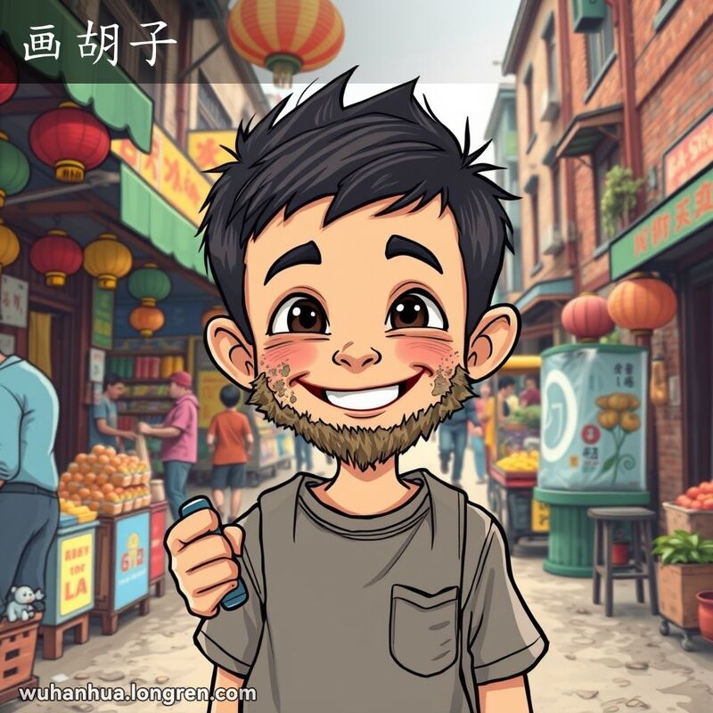 一位武汉小男孩在市场中，脸上沾满泥土，仿佛画了一脸胡子，表情调皮可爱，背景是传统街头小贩和摊位