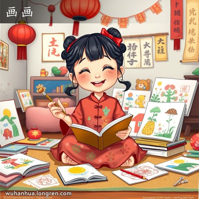 一位穿着传统中国服装的武汉小女孩坐在客厅地板上，周围是图画书和绘画用品，手持画笔和书本，脸上露出快乐和专注的表情，背景有红灯笼和书法挂轴。
