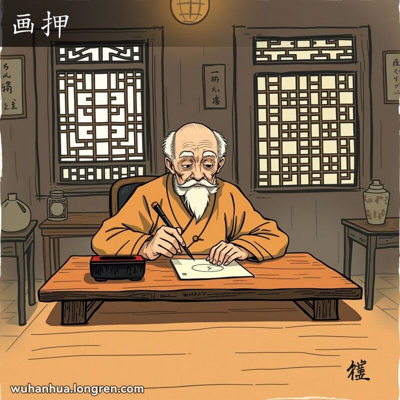 一位武汉老人坐在古色古香的房间里，手持毛笔，正准备在纸上画圆圈或“十”字，背景是传统中式窗户和古旧家具。