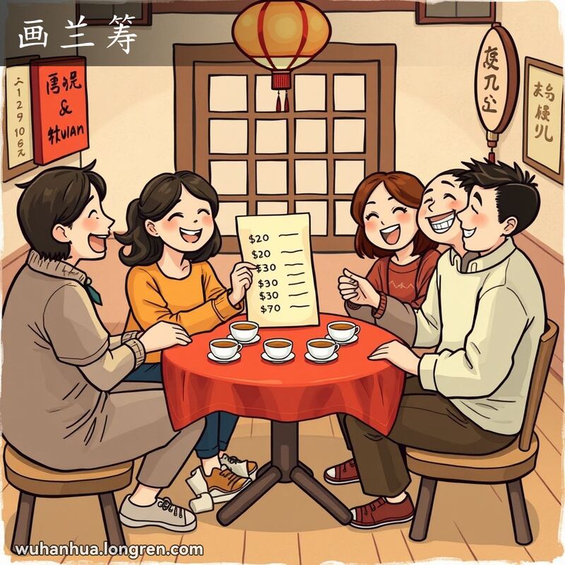一群朋友在茶馆里围坐，签名参与画兰筹活动，背景是传统武汉茶馆