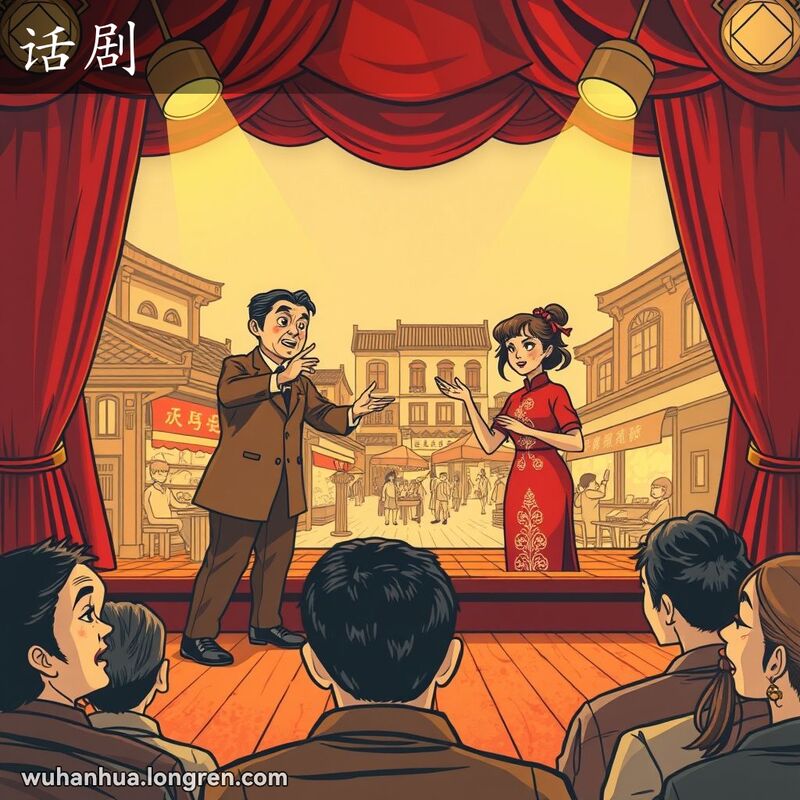 两位演员在武汉话剧舞台上表演，背景是武汉老街布景，观众席上观众表情专注