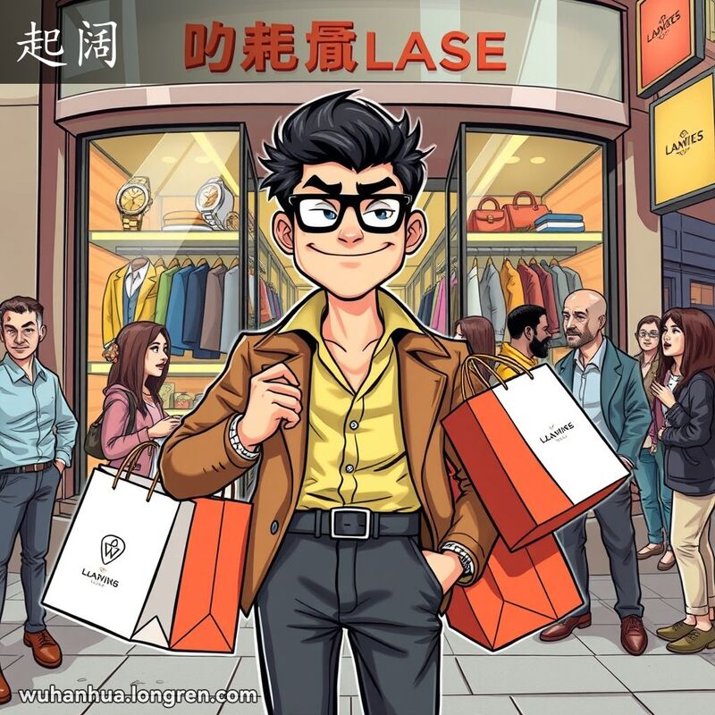 一位年轻人站在豪华精品店前，身穿名牌服饰，手持多个高端品牌购物袋，神态自信傲慢，背景是展示奢侈品的橱窗和行人。