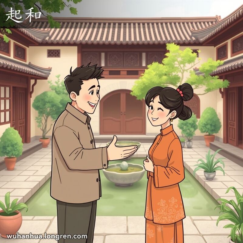 两个人在武汉传统庭院中和解，男子伸手微笑，女子点头回应，背景有小池塘和传统建筑