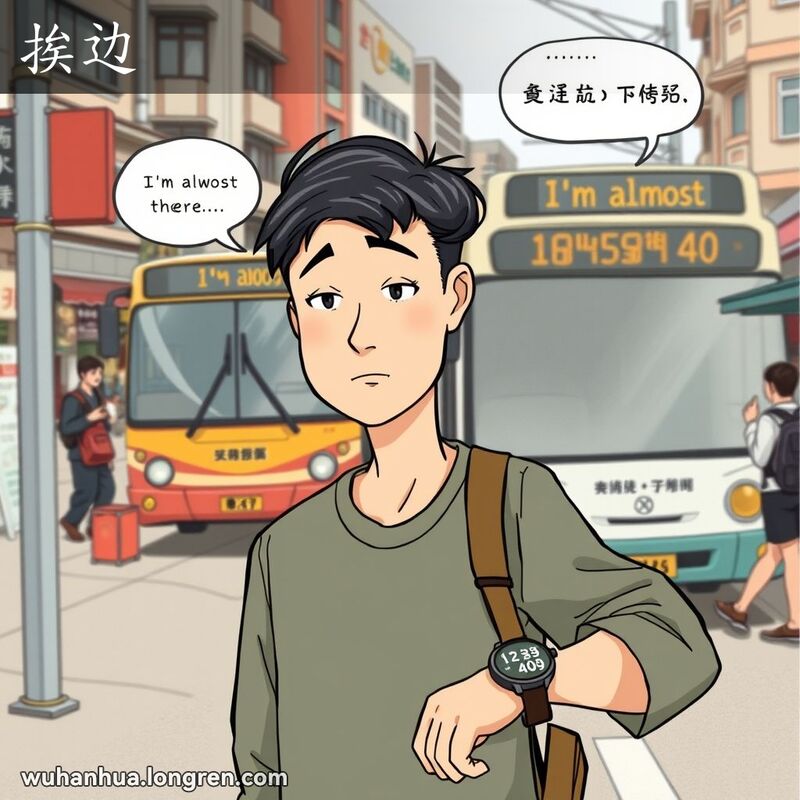 一位武汉男子站在公交车站牌旁，看着手表，露出“挨边”的表情，背景是武汉街景和驶来的公交车
