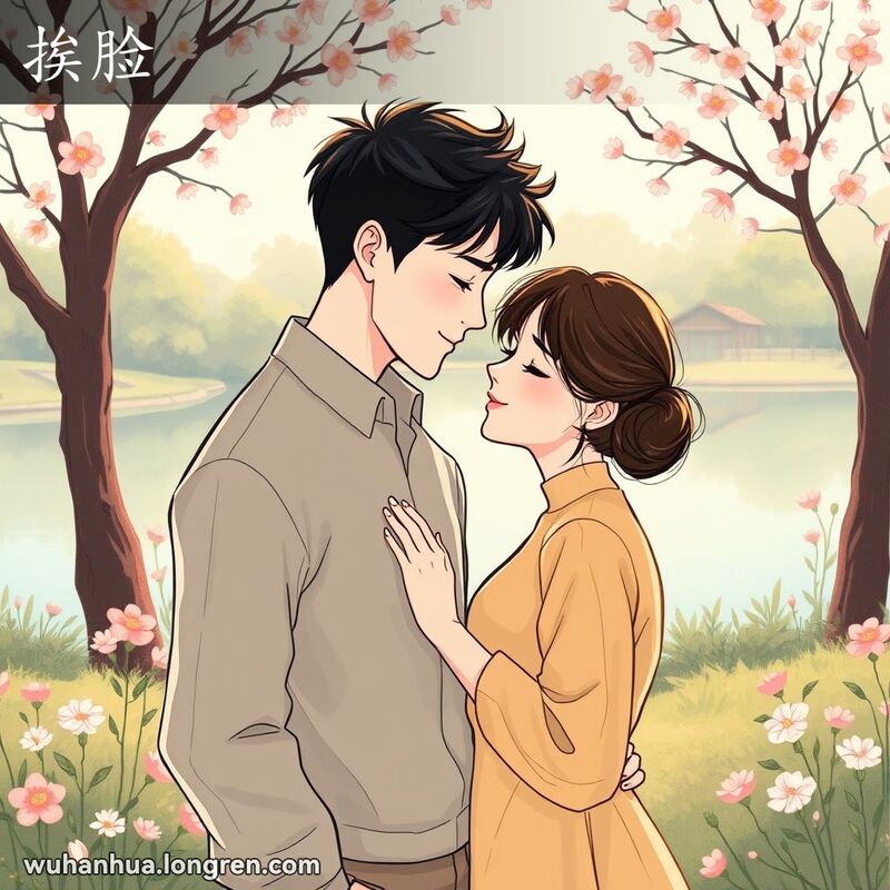 一对年轻情侣在公园里脸颊相贴，表达亲密感情，背景是花开正艳的公园和宁静的湖泊