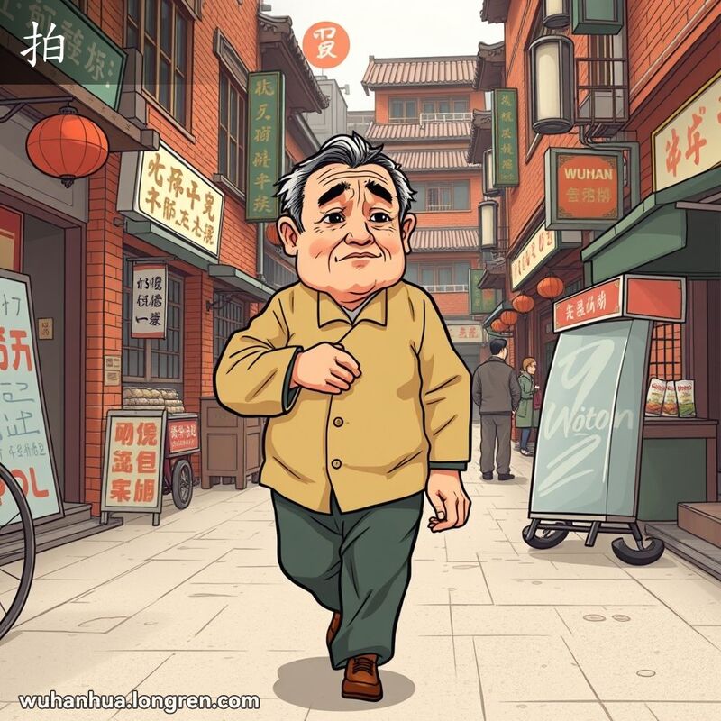 一位中年武汉男子在街头行走，因手臂或腿脚有毛病而无法保持平衡，表情中带有坚定和不适，背景是武汉老街景