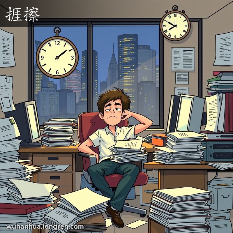 一位年轻男子坐在凌乱的办公桌前，显得疲惫不堪，面前是未完成的工作，背景是武汉城市景观