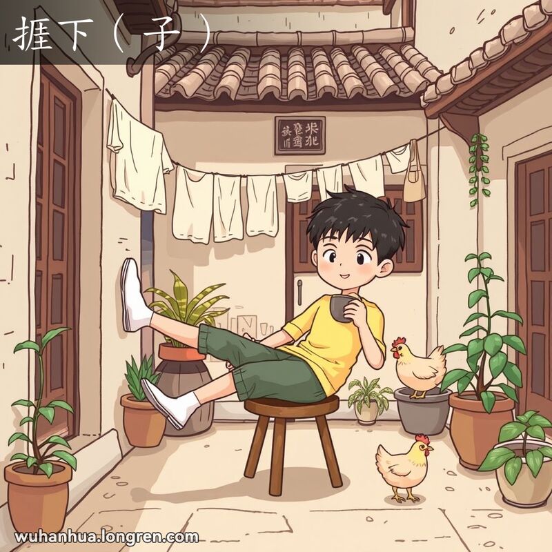 一位武汉年轻人坐在传统小院的木凳上，背靠墙壁，手持零食，神态轻松悠闲，院子里有盆栽、晾晒的衣物和几只鸡，背景是老式建筑，木梁瓦顶。