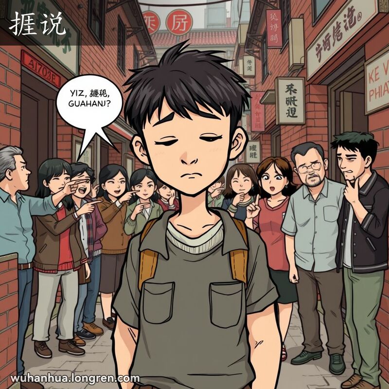 一位武汉市民站在巷子里，低头垂肩，表情沮丧，背景中有人指指点点，窃窃私语，反映“捱说”的场景。