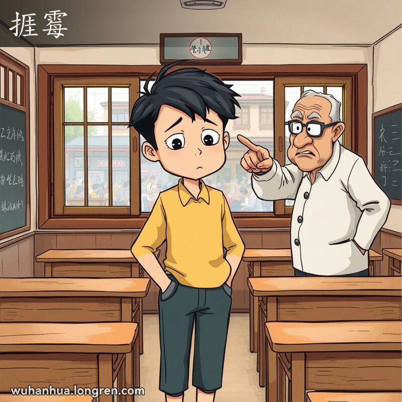 一位年轻人在武汉教室里被老师训斥，表情尴尬和挫败，背景是老式窗户和繁忙的街道