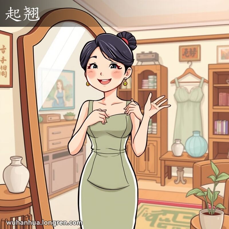 一位武汉女子站在镜子前，欣赏一件剪裁精致、轮廓分明的连衣裙，背景是温馨的武汉传统家庭环境。