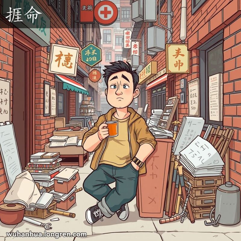 一位武汉男子靠在巷子的墙上，手持一杯茶，神情悠闲，背后堆满了未完成的工作，展现“捱命”的表情，背景是武汉老街景