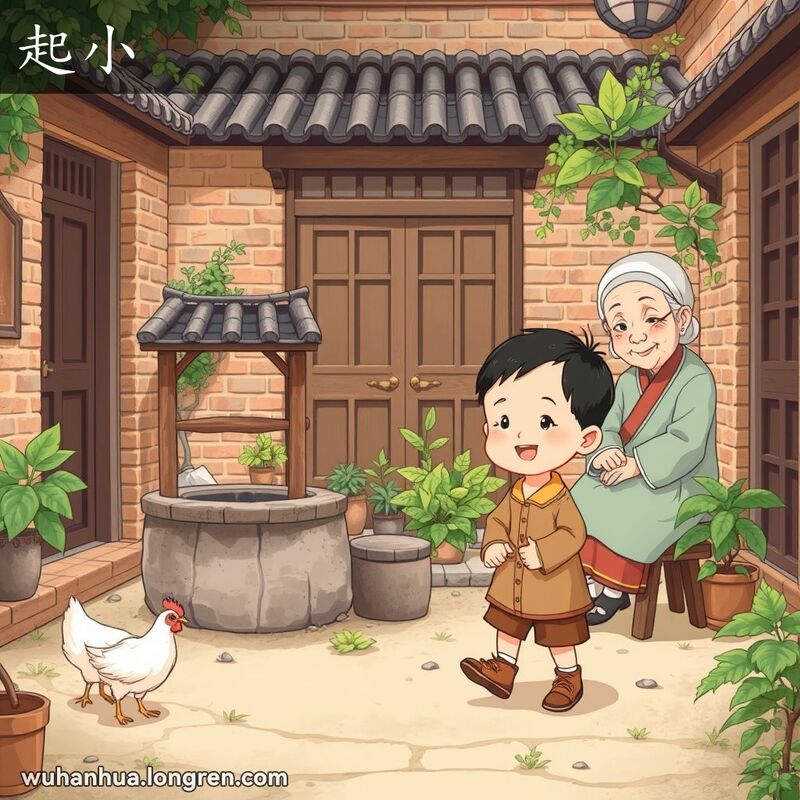 一个孩子在传统武汉院子里玩耍，背景有井、鸡和奶奶，画面温馨怀旧