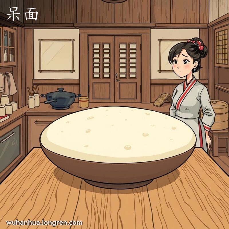 一位妇女在传统武汉厨房中，望着一碗未发酵的面团，露出困惑的表情。