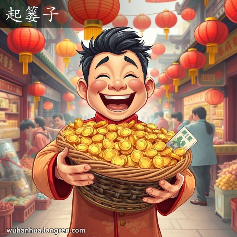 一位武汉市民在市场中手持满篮金币和钞票，脸上露出兴奋的笑容，背景是繁忙的市场摊位和节日装饰
