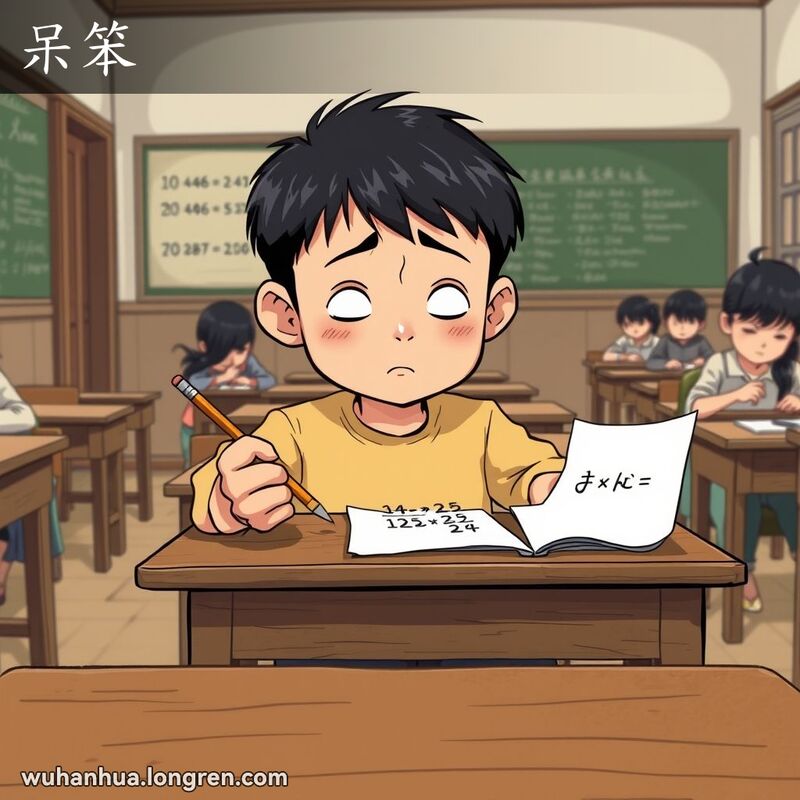 一位武汉小学生坐在教室里，盯着数学题，表情呆滞，反应迟钝，体现“呆笨”的意思。