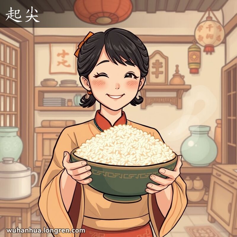 一位穿着传统中国服装的妇女手持一碗装满米饭的碗，米饭堆得高出碗沿，背景是温馨的乡村厨房。