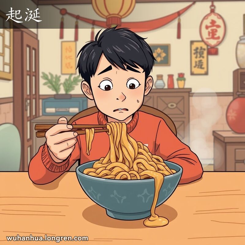 一位武汉市民坐在餐桌前，面前摆着一碗覆盖着厚厚黏液的面条，露出厌恶的表情，背景是武汉家庭环境