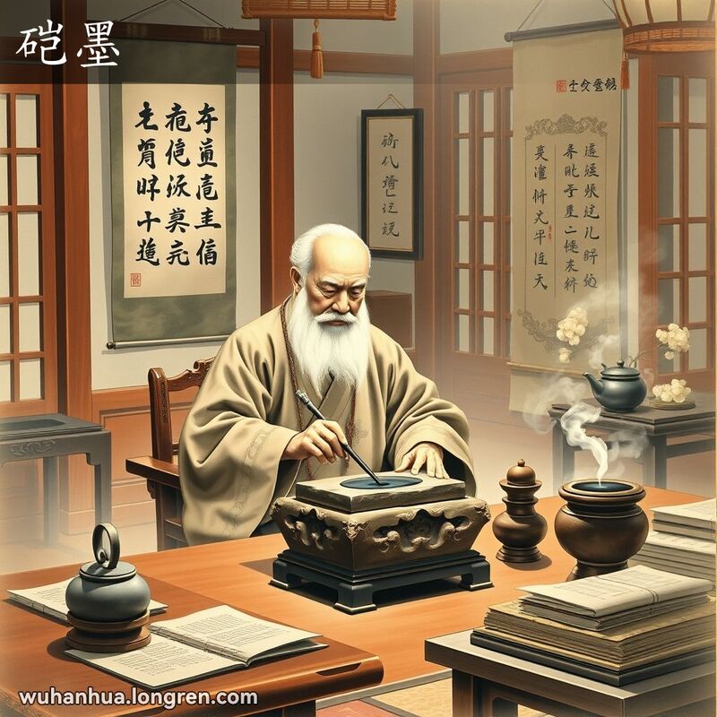 一位传统中国书法家在书房中研墨，背景是古色古香的书房