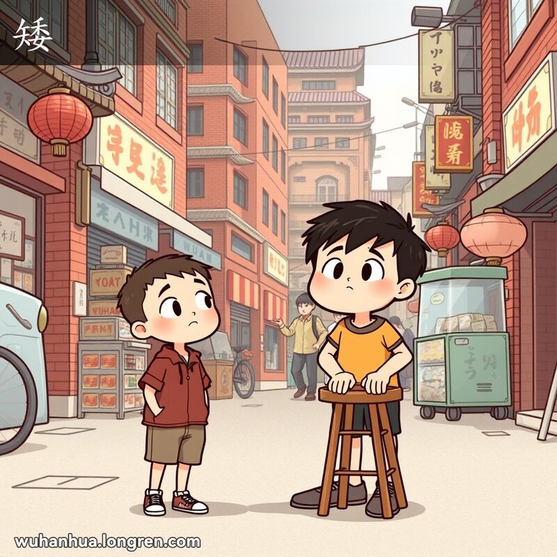 一位武汉小男孩站在高大成年人旁边，手拿矮凳子，背景是武汉老街景