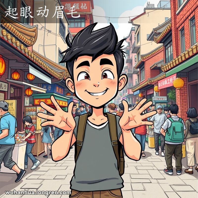 一位年轻的武汉市民在街头表情机智灵活，眉毛上挑，手势敏捷，背景是武汉的传统街景