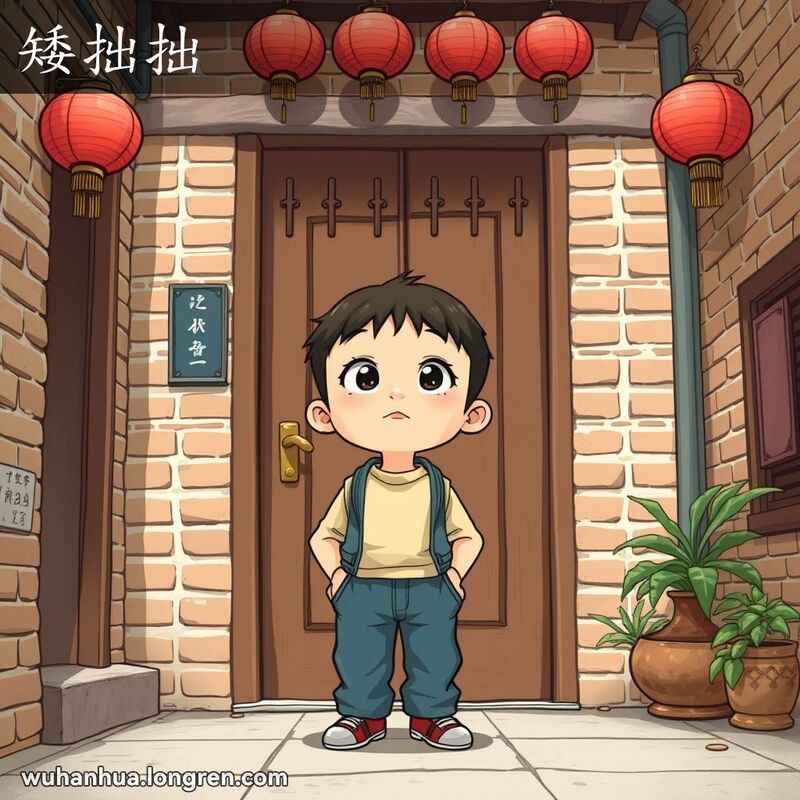 一位武汉小男孩站在老巷子里的木门前，显得矮小可爱，背景是老街景