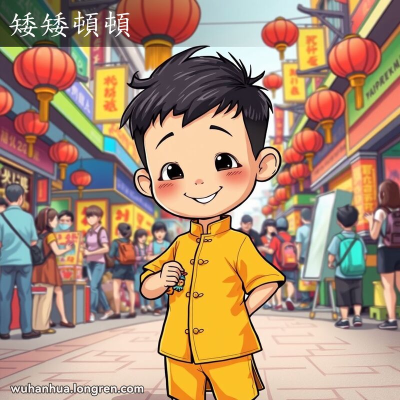 一位个子稍矮但充满自信的武汉男孩站在热闹的街市前，手持小玩具，脸上洋溢着灿烂的笑容，背景是繁忙的武汉街市。