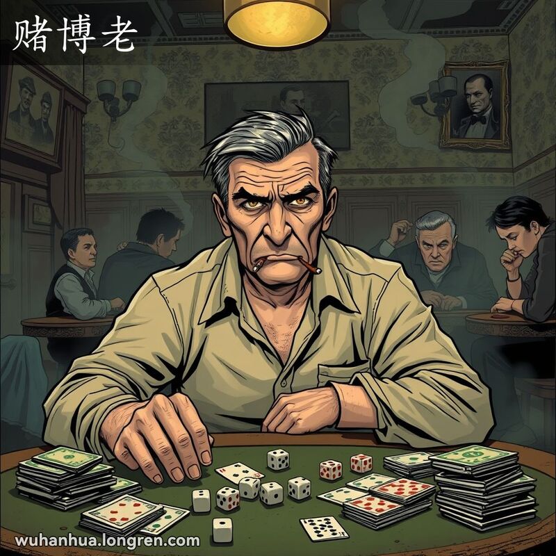 一位中年男子在昏暗的赌博场所中，围绕着扑克牌和现金，神情紧张焦虑，嘴角叼着香烟，背景是老旧的墙纸和其他赌徒。