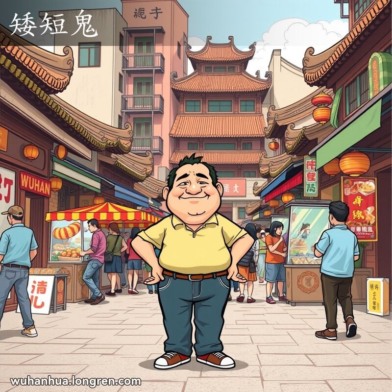 一位矮个子的武汉市民站在街头，仰视高个子的人，背景是武汉的传统街景