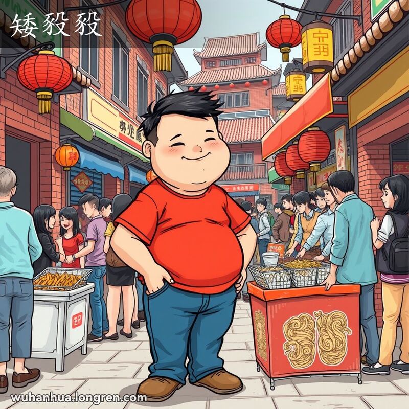 一位矮小的武汉男子站在热闹的街头小吃摊旁，背景是传统的武汉市场和老式建筑
