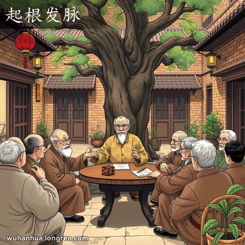 一群武汉老人在庭院中讨论事情的起因，背景有老砖墙和大树