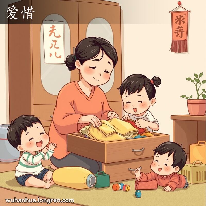 一位武汉母亲在家中叠放孩子们的衣物，脸上带着温柔和关爱的表情，背景有传统的武汉元素