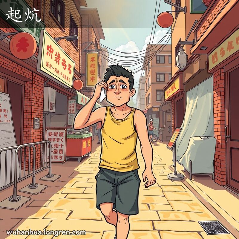 武汉市民在炎热的夏日中行走，擦拭汗水，背景是武汉老街景
