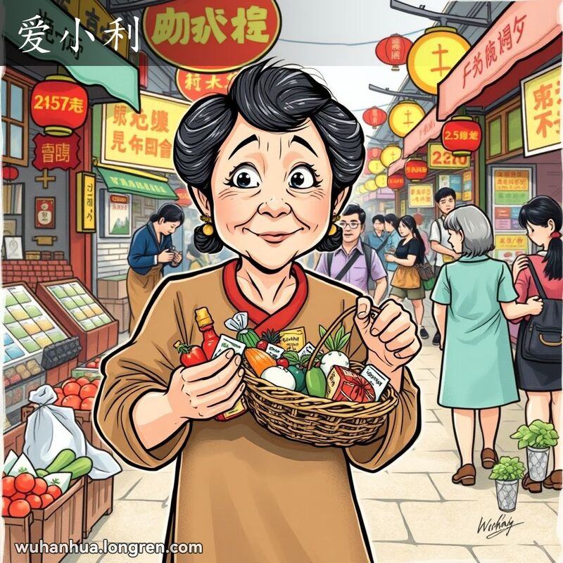 一位中年妇女在武汉市场中，手持装满便宜货的篮子，贪婪地伸手抓更多便宜货，背景是繁忙的市场摊位和顾客。