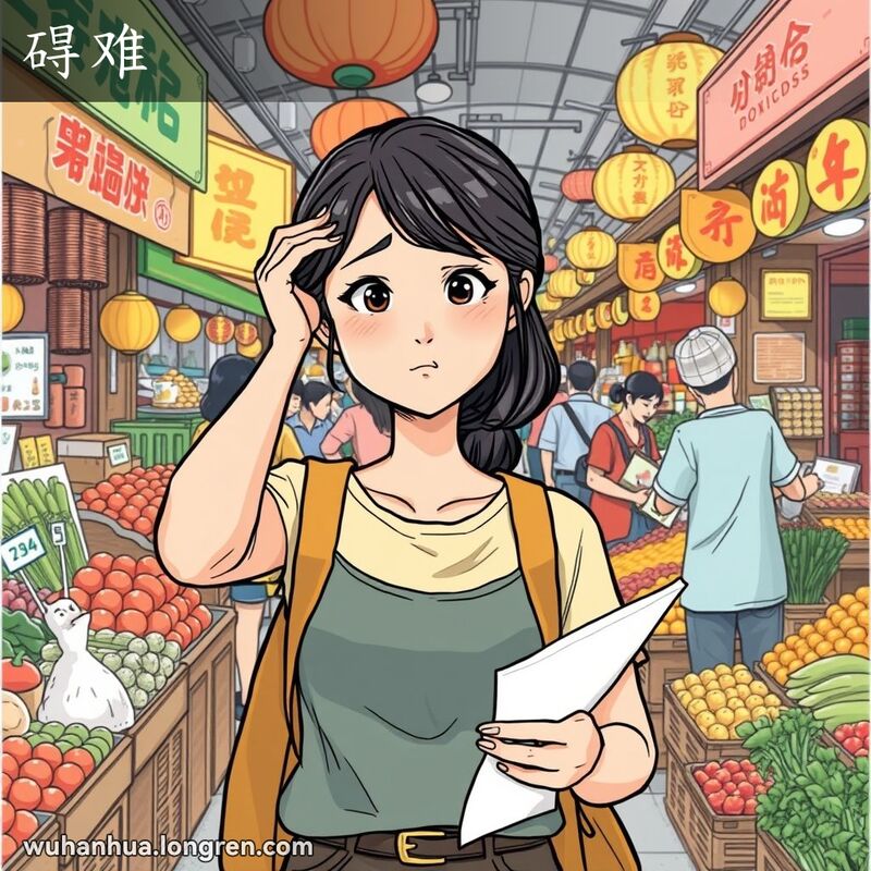 一位年轻的武汉女子在热闹的市场中，手拿购物清单，露出困惑和犹豫的表情，背景是繁忙的市场景象